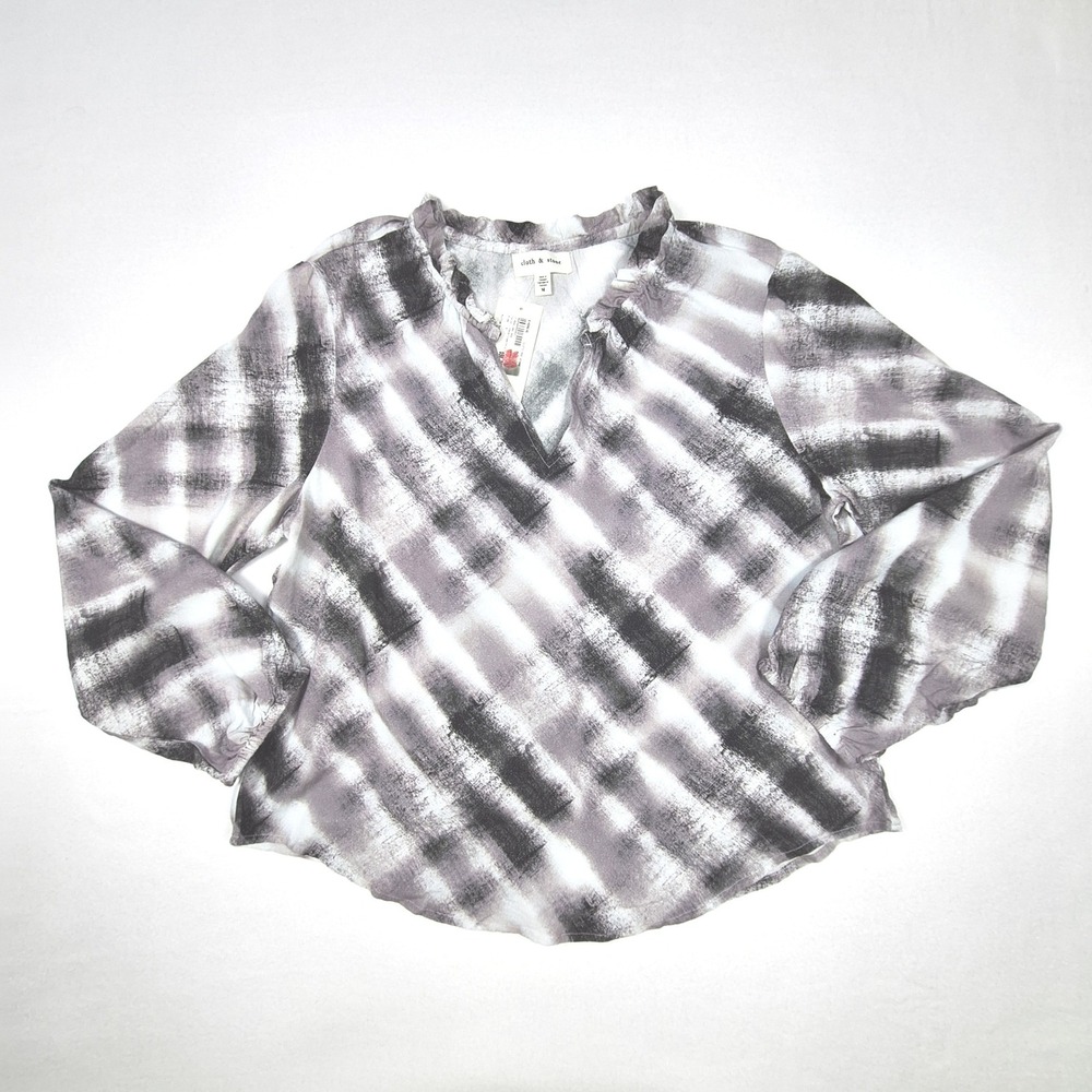 Cloth & Stone Blouse Womens Medium Grey Plaid Ruffle Neck Evereve C1659-U84-304
